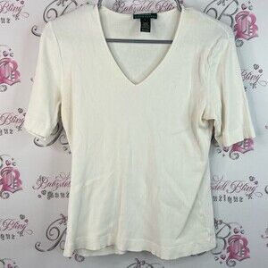 Ralph Lauren tshirt cream White V-Neck Short Sleeve Tope embroidered logo